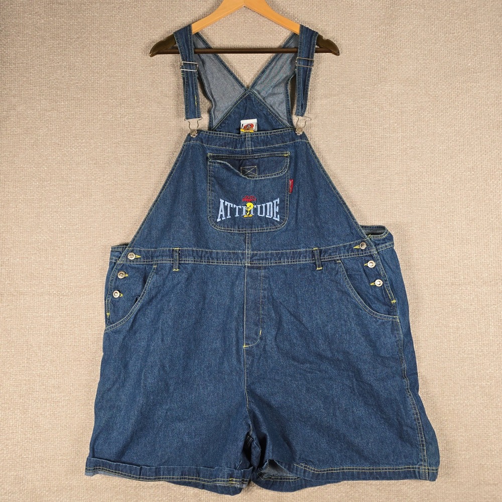Vtg 90s Looney Tunes Tweety Bird Denim Overalls Shorts Women Plus 26W 28W Blue